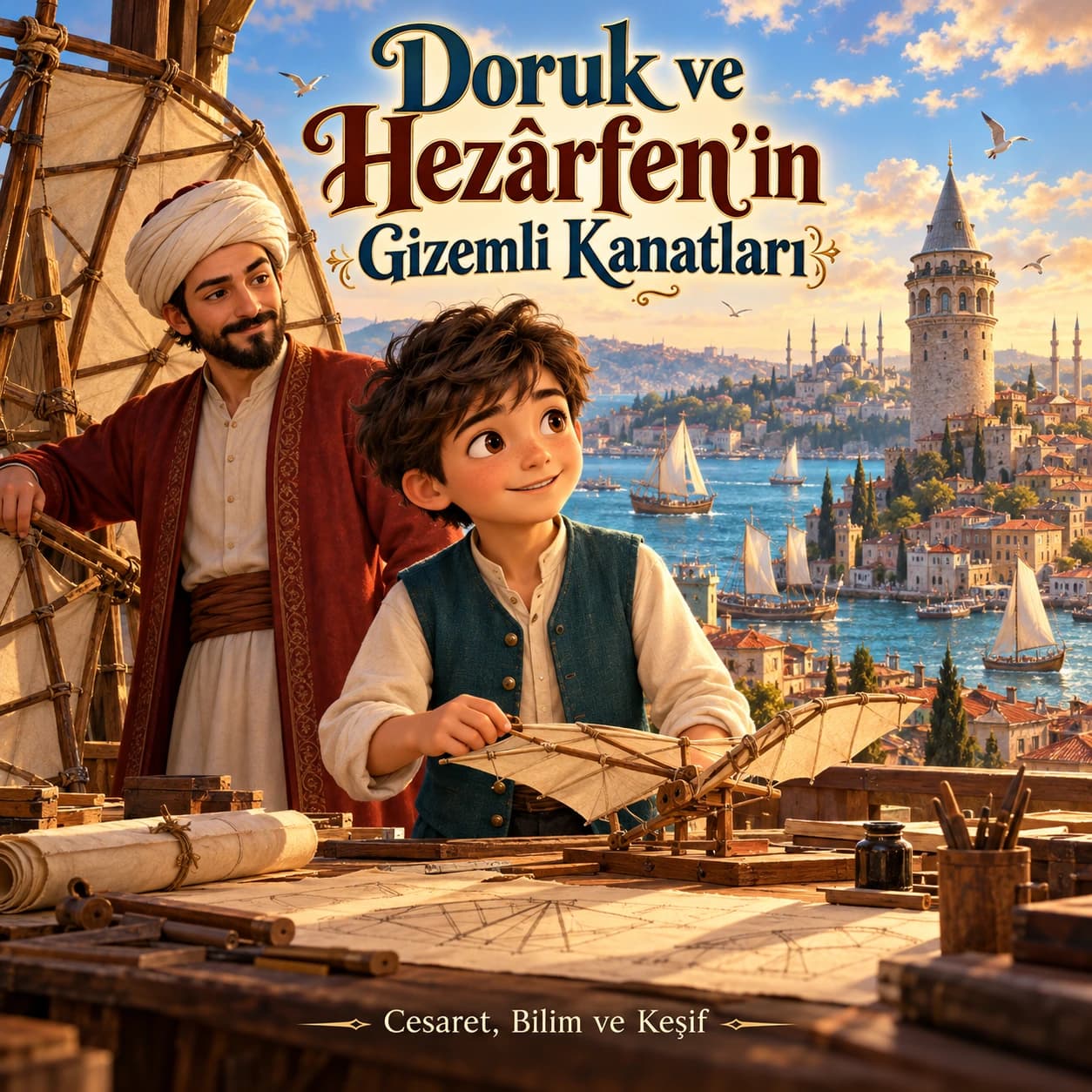 Doruk’un Hezârfen ile küçük kanat modelini incelediği, Galata Kulesi ve İstanbul manzaralı kitap illüstrasyonu