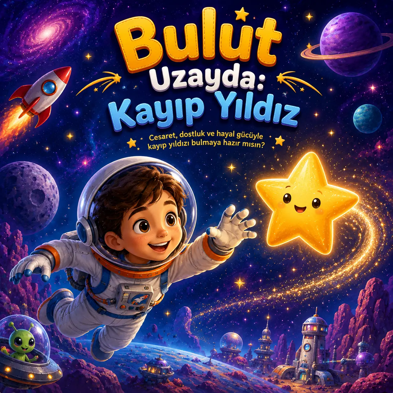 Yıldızların arasında Piko ile maceraya çıkan çocuk kahraman illüstrasyonu