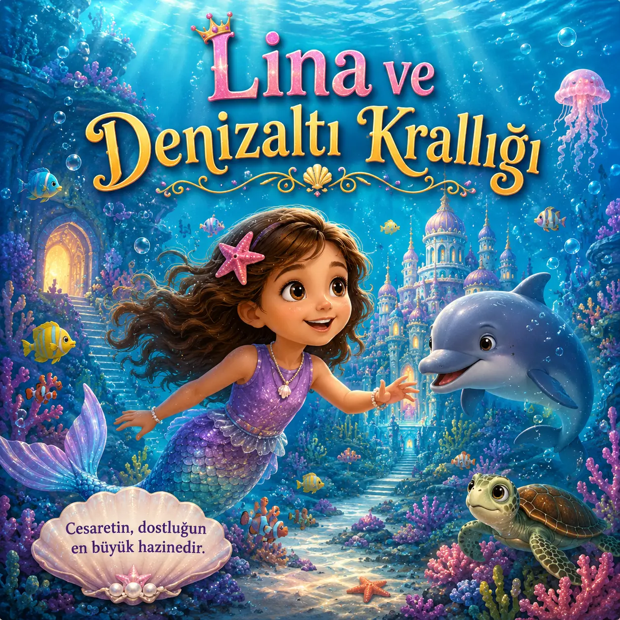 Denizaltı Krallığı’na ışık taşıyan çocuk kahraman ve deniz kaplumbağası illüstrasyonu