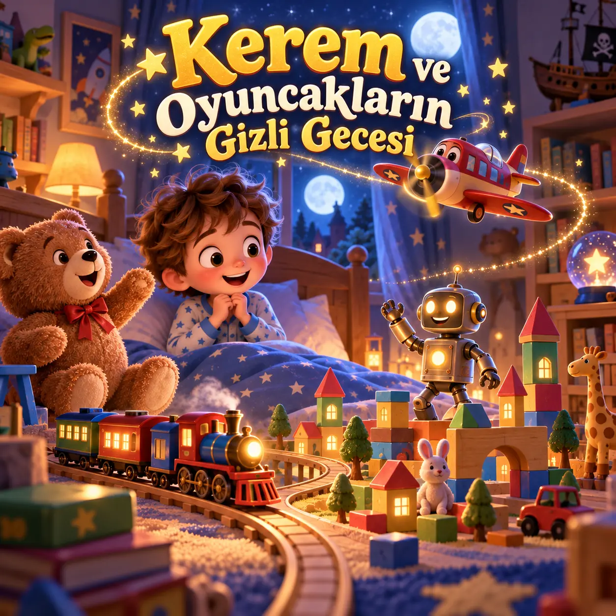 Gece canlanan oyuncak şehrinde tren, robot, peluş ayı ve çocuk kahraman illüstrasyonu