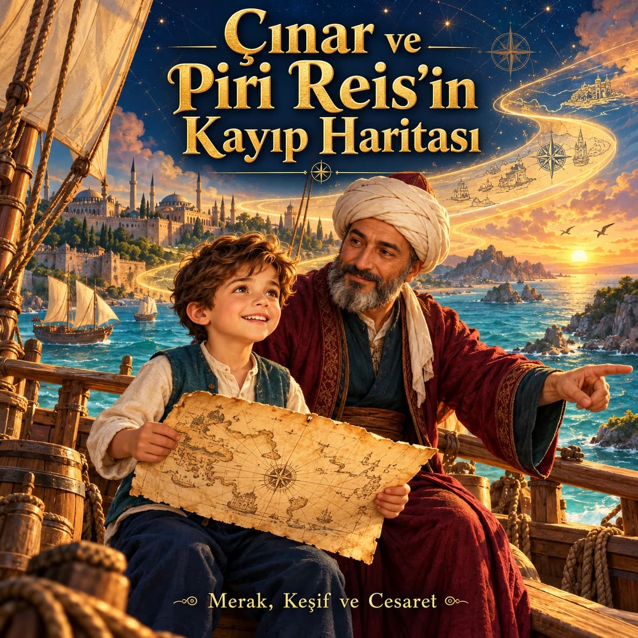 Çınar ve Piri Reis’in yelkenli gemide eski haritayla denizleri keşfettiği kitap illüstrasyonu